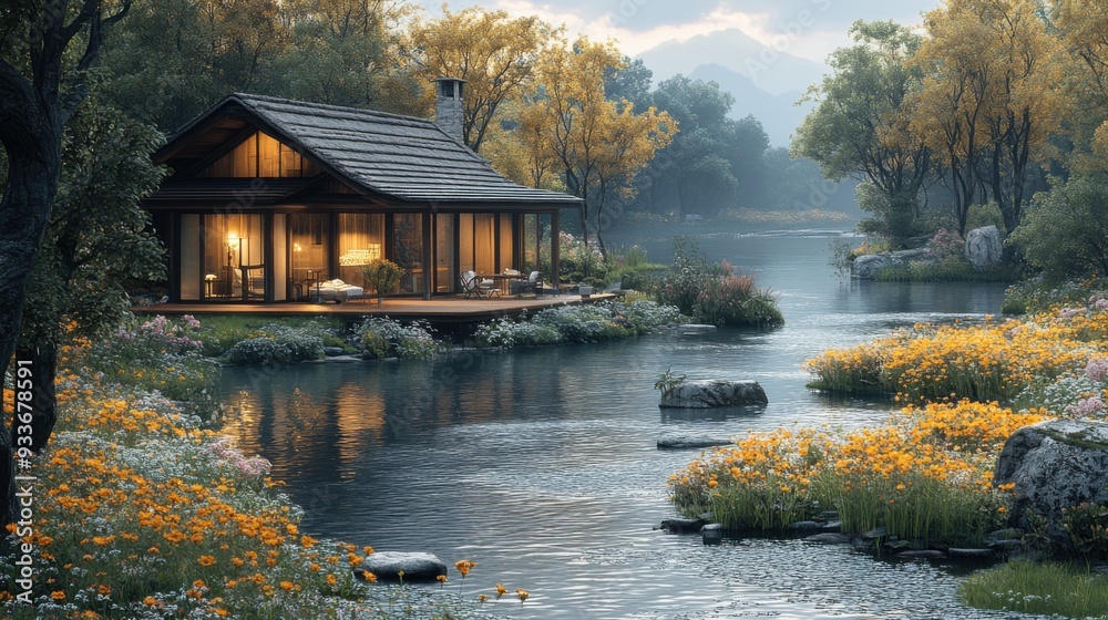 Obraz premium Serene lakeside cabin surrounded by vibrant flowers and nature.