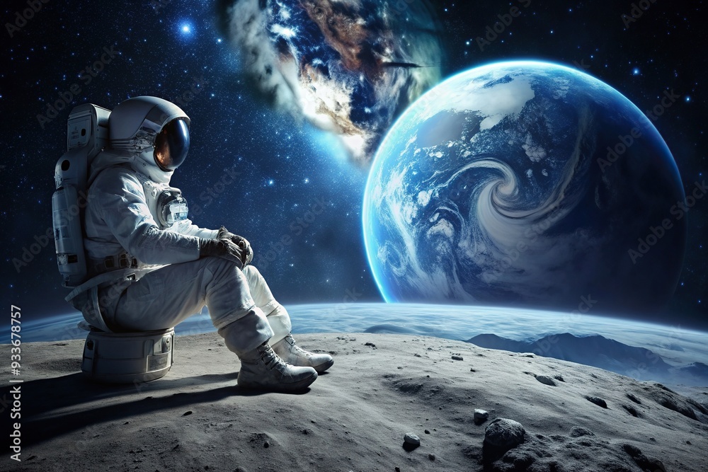 Realistic astronaut seated on the moon, gazing at Earth, exploration, helmet, mission, suit, planet, sci-fi, symmetrical, space travel, fantasy, astronaut on the moon, cosmos, space Realistic astronaut seated on the moon, gazing at Earth, exploration, helmet, mission, suit, planet, sci-fi, symmetrical, space travel, fantasy, astronaut on the moon, cosmos, space