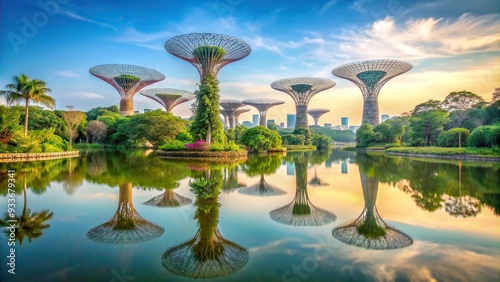 Super tree in Garden by the Bay reflected in calm water, colorful, reflection, evening, travel, skyline, futuristic, tourism, city, Singapore, unique, night,landmark, iconic, modern