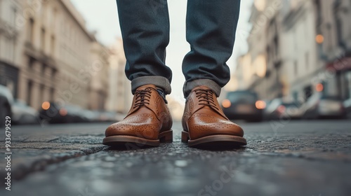 Close view of men's leather boots of a businessman in a big city