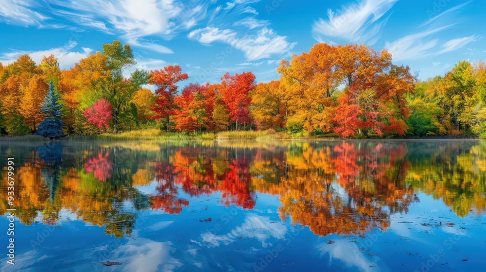 An autumn afternoon with a scenic view of a lake surrounded by colorful trees, their vibrant fall foliage reflected in the calm, serene water. An autumn afternoon with a scenic view of a lake surrounded by colorful trees, their vibrant fall foliage reflected in the calm, serene water.