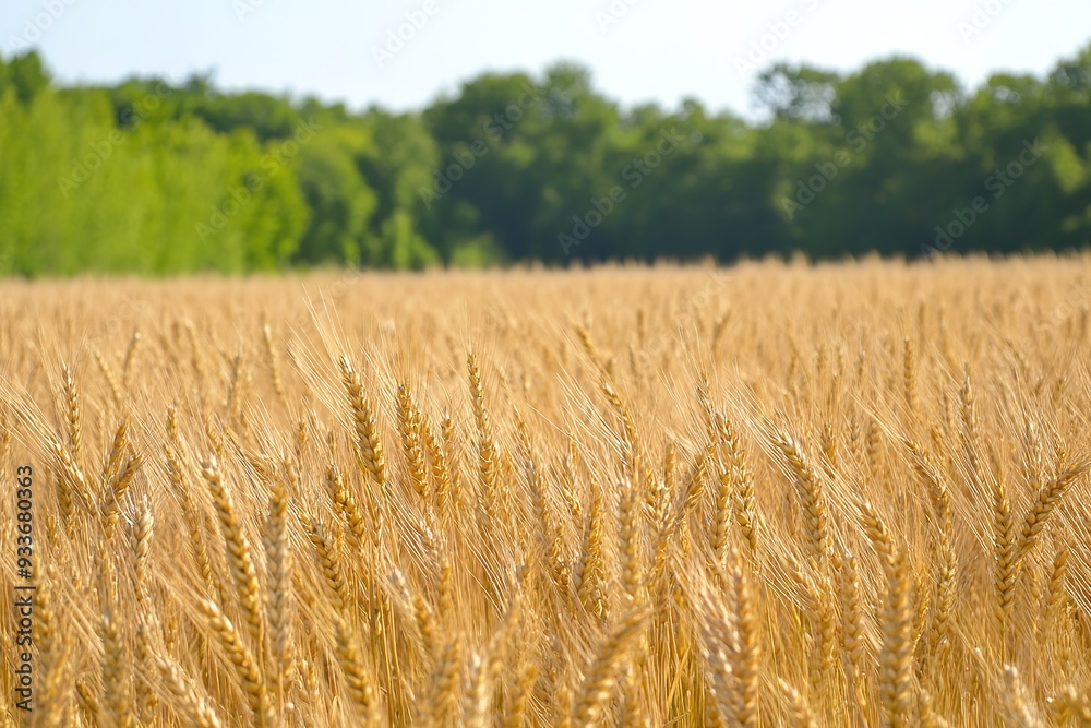 Golden wheat field under clear sky, ripe crops ready for harvest Golden wheat field under clear sky, ripe crops ready for harvest