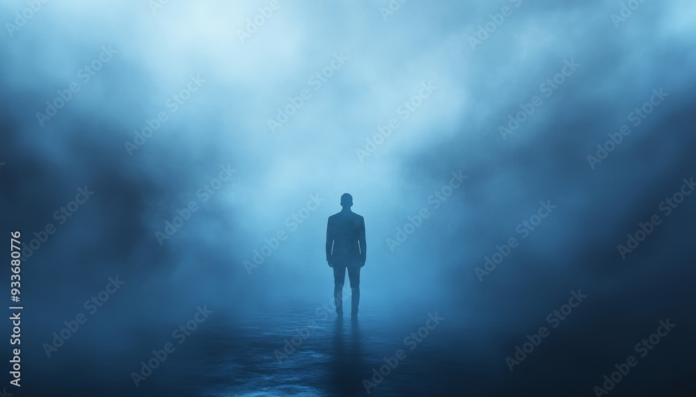 Surreal Abstract Depiction of Depression: Solitary Man Floating in Blue Void. Emotional Concept Art Illustrating Loneliness and Isolation. Minimalist AI-Generated Design for Mental Health Awareness, P Surreal Abstract Depiction of Depression: Solitary Man Floating in Blue Void. Emotional Concept Art Illustrating Loneliness and Isolation. Minimalist AI-Generated Design for Mental Health Awareness, P