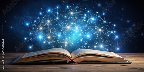 An open book with a glowing constellation on the pages, captured in a wide-angle shot, discovery, exploration, background, learning, astronomy, literary, enlightenment, creativity