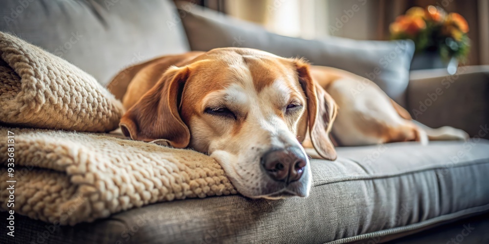 Dog peacefully sleeping on a cozy sofa , pet, canine, relaxation, napping, resting, comfortable, home, domestic Dog peacefully sleeping on a cozy sofa , pet, canine, relaxation, napping, resting, comfortable, home, domestic