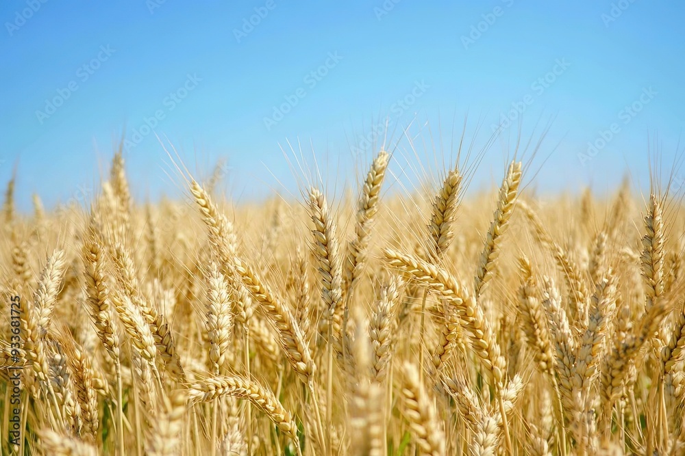 Golden wheat field under blue sky, ripe crops ready for harvest Golden wheat field under blue sky, ripe crops ready for harvest