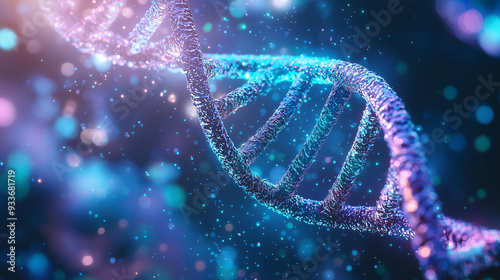A detailed and vibrant 3D rendering of a DNA double helix, with glowing strands and a futuristic background, symbolizing genetic research and biotechnology.