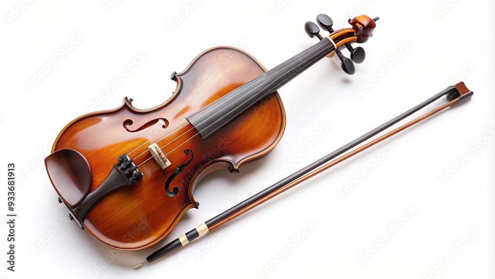 Fototapeta premium A high angle shot of a violin and fiddle stick isolated on a white background, performance, classical, high angle,violin, bow, fiddle, orchestra, musician, stick, wooden, harmony
