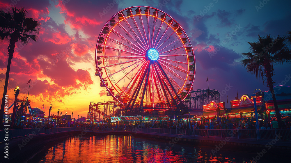 A vibrant and detailed image of a Ferris wheel at a theme park, captured during sunset with vivid colors and lights illuminating the wheel. A vibrant and detailed image of a Ferris wheel at a theme park, captured during sunset with vivid colors and lights illuminating the wheel.