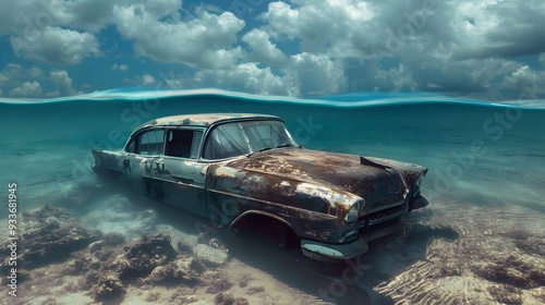 abandoned car underwater at the sea. Swamped antique car. Car sits on the ocean water