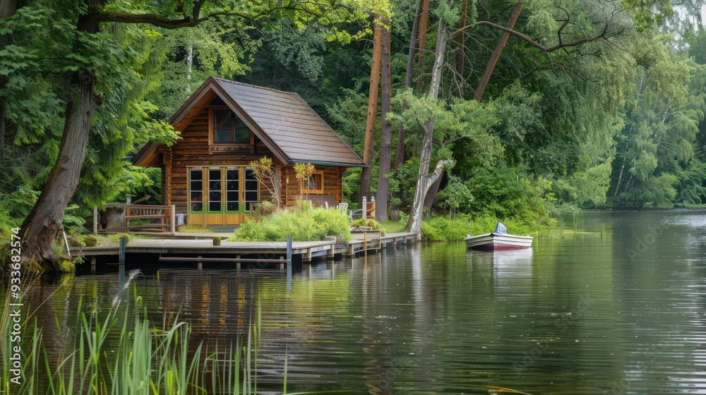 An idyllic summer cabin by a serene lake, with a dock extending into the water and a small boat ready for a relaxing day of fishing