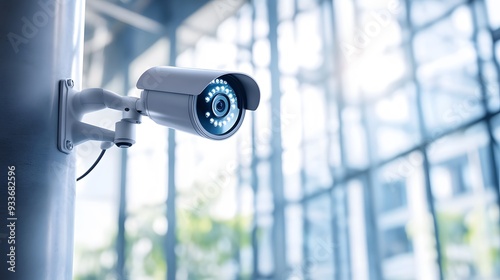 A security camera is mounted on a wall in a modern office building. photo