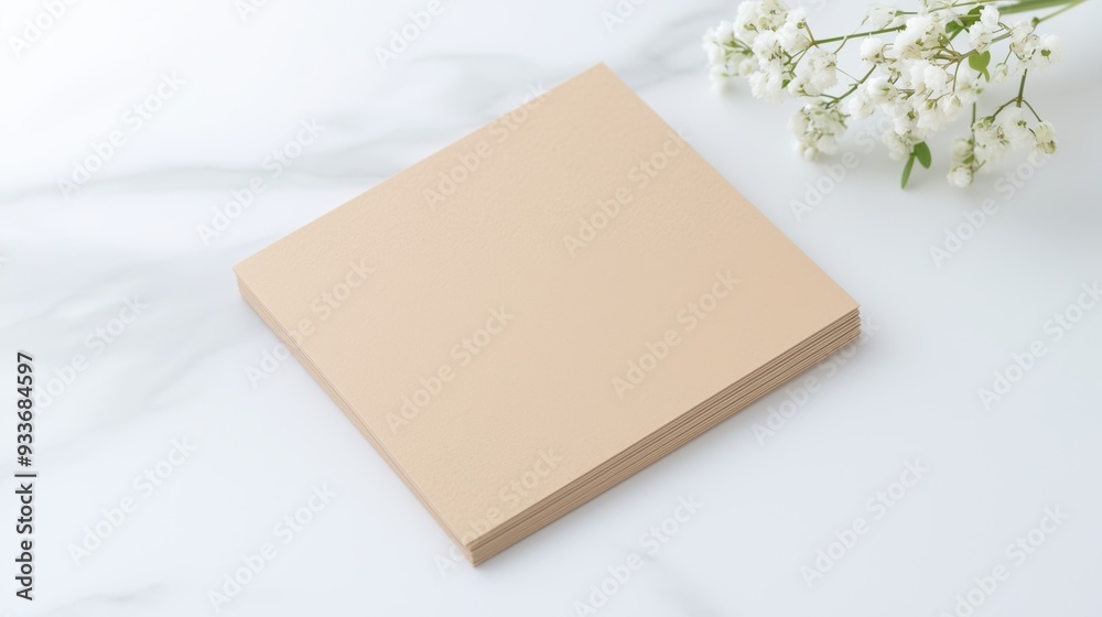 Minimalist beige cards stacked on a marble surface with white flowers, great for creating personalized invitations or cards. Minimalist beige cards stacked on a marble surface with white flowers, great for creating personalized invitations or cards.