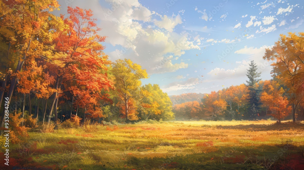 An open meadow is surrounded by trees in full fall foliage, with the colorful leaves creating a warm, An open meadow is surrounded by trees in full fall foliage, with the colorful leaves creating a warm,