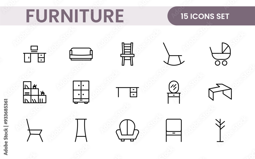 Fototapeta premium Furniture and home interior elements - thin line web icon set. Outline icons of kitchen, living room, bedroom and office collection.