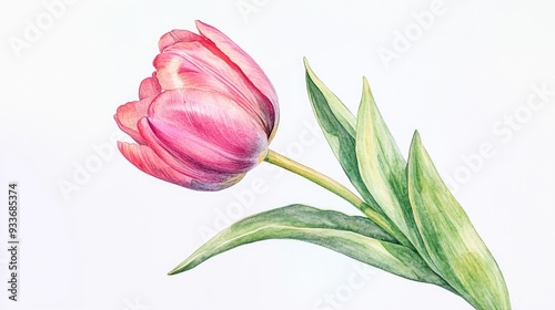 Vibrant pink tulip and leaves depicted in watercolor on a clean white backdrop