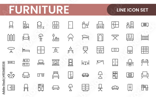 Furniture and home interior elements - thin line web icon set. Outline icons of kitchen, living room, bedroom and office collection.