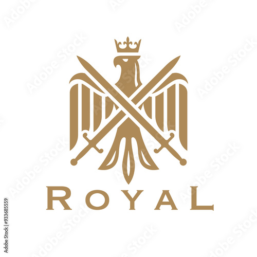 Eagle crest logo design featuring crossed swords and a crown. Ideal for royal themes, luxury branding, and elegant emblems. Vector illustration in gold tones.