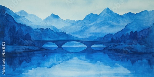 Watercolor depiction of a blue landscape featuring a bridge and mountains photo