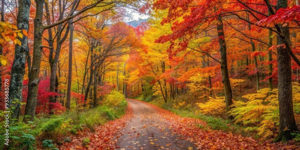 Naklejka premium Hiking on a trail surrounded by colorful fall foliage , Autumn, nature, hiking, outdoors, adventure, foliage, trees