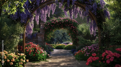 Artistic view of a springtime floral archway covered in cascading flowers like roses and wisteria, photo