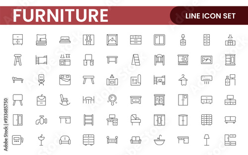 Furniture and home interior elements - thin line web icon set. Outline icons of kitchen, living room, bedroom and office collection.