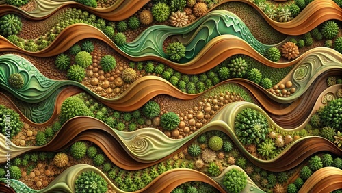Natural earthy background featuring an intricate wavy pattern of organic shapes in shades of green and brown, evoking a sense of whimsical and fluid elegance.