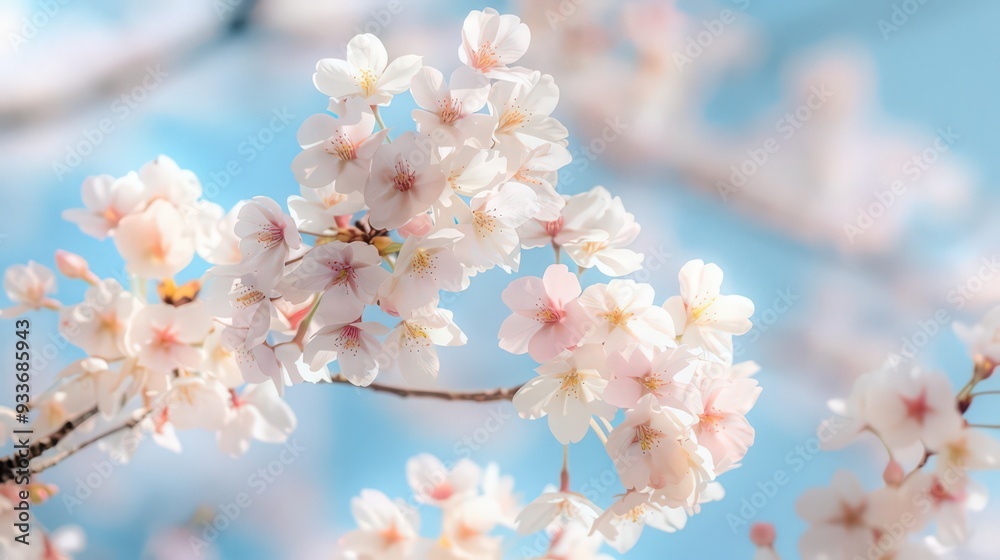 Artistic view of cherry blossoms with soft pink petals against a blue sky, capturing the fleeting beauty of spring in full bloom Artistic view of cherry blossoms with soft pink petals against a blue sky, capturing the fleeting beauty of spring in full bloom