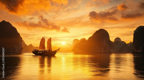 Fototapeta Naklejka Na Ścianę i Meble -  Stunning sunset view of a traditional boat sailing through Ha Long Bay, Vietnam, surrounded by majestic limestone karsts and glowing reflections on the tranquil water surface.
