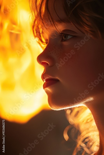 Bathed in the light of a fireball, a young girl ponders deeply, her face reflecting the warm hues of the flames.