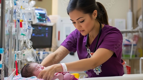 Neonatal nurse practitioner a NICU performing a health check on a premature baby