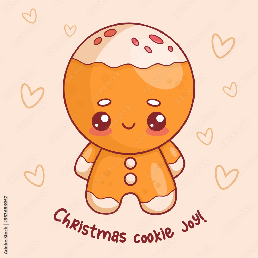 Fototapeta premium Cute Christmas gingerbread man. Festive New Year greeting card with traditional funny sweet pastry kawaii character. Vector illustration
