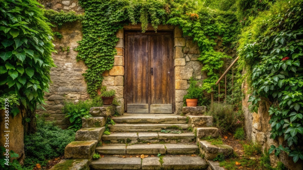 Old rustic wooden door with worn stone steps leading up to it, surrounded by lush greenery and vines, conveying a sense of aged tranquility. Old rustic wooden door with worn stone steps leading up to it, surrounded by lush greenery and vines, conveying a sense of aged tranquility.