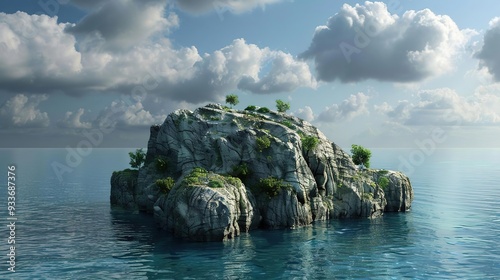 Rocky Island in the Ocean with Blue Water and Cloudy Sky - 3D Illustration