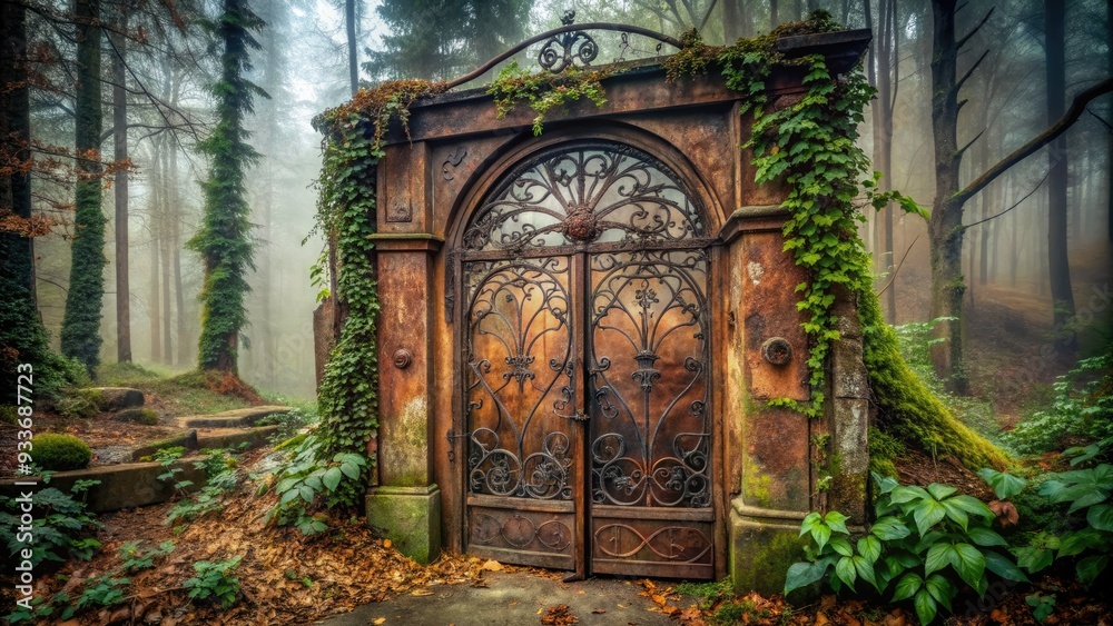 Obraz premium Old, worn, and rusted metal door with intricate carvings and vines growing around it, set against a foggy, misty, and eerie forest background.