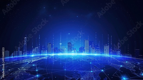 Stunning Blue Gradient Background with City Skyline on Earth’s Horizon, Night Sky, and Digital Technology Elements in High-Resolution Vector Illustration of Global Network and Urban Development photo