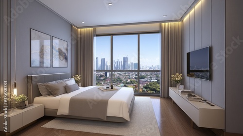 A cozy master bedroom featuring gray walls, wooden floors, a large bed, and a wall-mounted TV, creating a comfortable retreat for relaxation