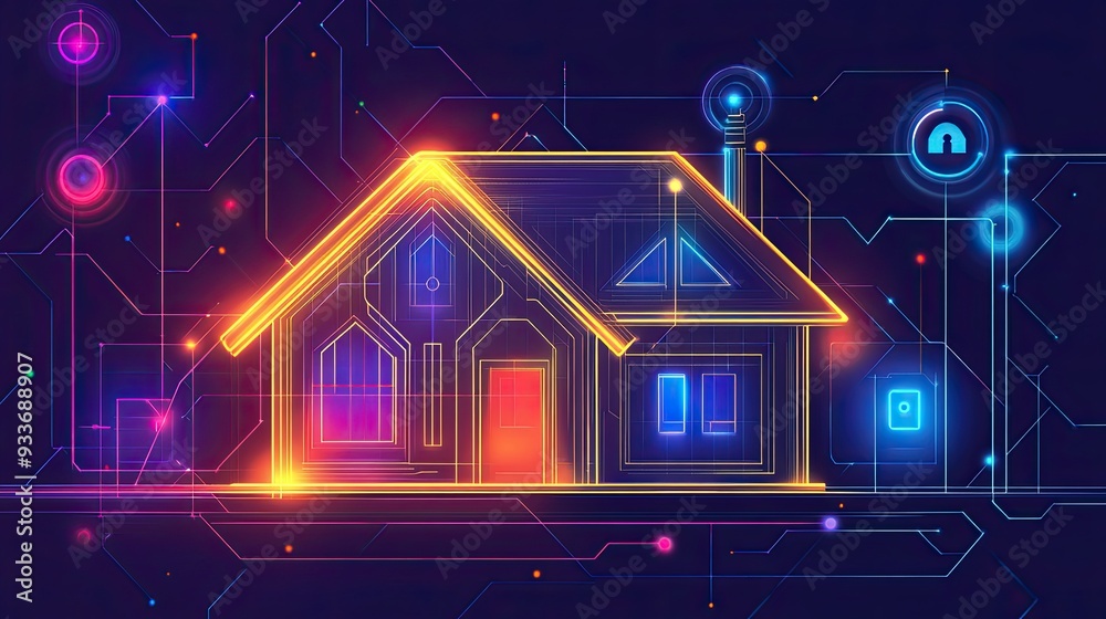 Naklejka premium Smart house with glowing lines and points showcasing smart home technology concept