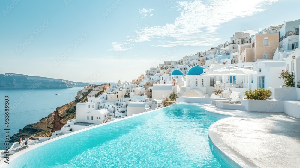 Fototapeta premium A luxurious infinity pool overlooking the caldera in Santorini, with the white-washed buildings and blue domes in the background.