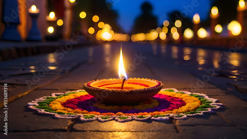 Diwali lamp element. Diwali Celebration Lighting a Sparkler Alongside Traditional Diya Oil Lamp. 