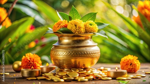 Ornate golden kalash pot overflowing with shiny gold coins, surrounded by festive flowers and greenery, symbolizing wealth, prosperity, and good fortune in Hindu culture. photo