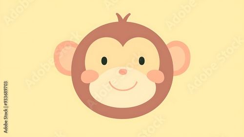 Playful Monkey in Cute Kawaii Style on Pastel Yellow Background - Vector Illustration with Simple Shapes and Detailed Character Design