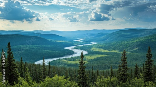 A panoramic view of the Kanas River winding through dense forests and rolling hills, under a sky filled with scattered clouds.