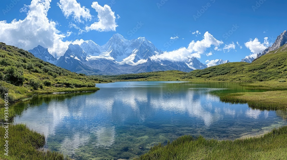 A panoramic view of Yading Nature Reserve, showcasing snow-capped mountains, clear alpine lakes, and lush green valleys under a blue sky. A panoramic view of Yading Nature Reserve, showcasing snow-capped mountains, clear alpine lakes, and lush green valleys under a blue sky.