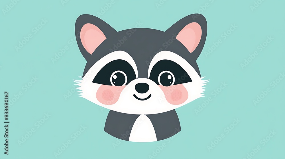 Adorable Raccoon Vector Illustration in Kawaii Style on Mint Background Adorable Raccoon Vector Illustration in Kawaii Style on Mint Background