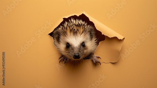 Cute hedgehog peeks through the hole in the paper wall.