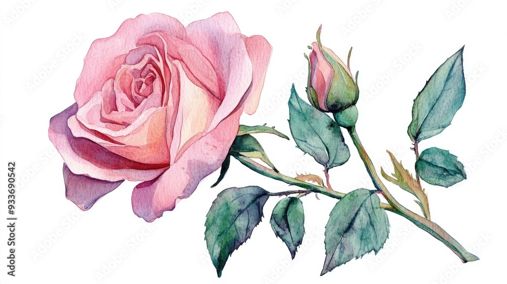 Fototapeta premium Pink rose watercolor illustration Hand drawn rose depiction Isolated flower sketch