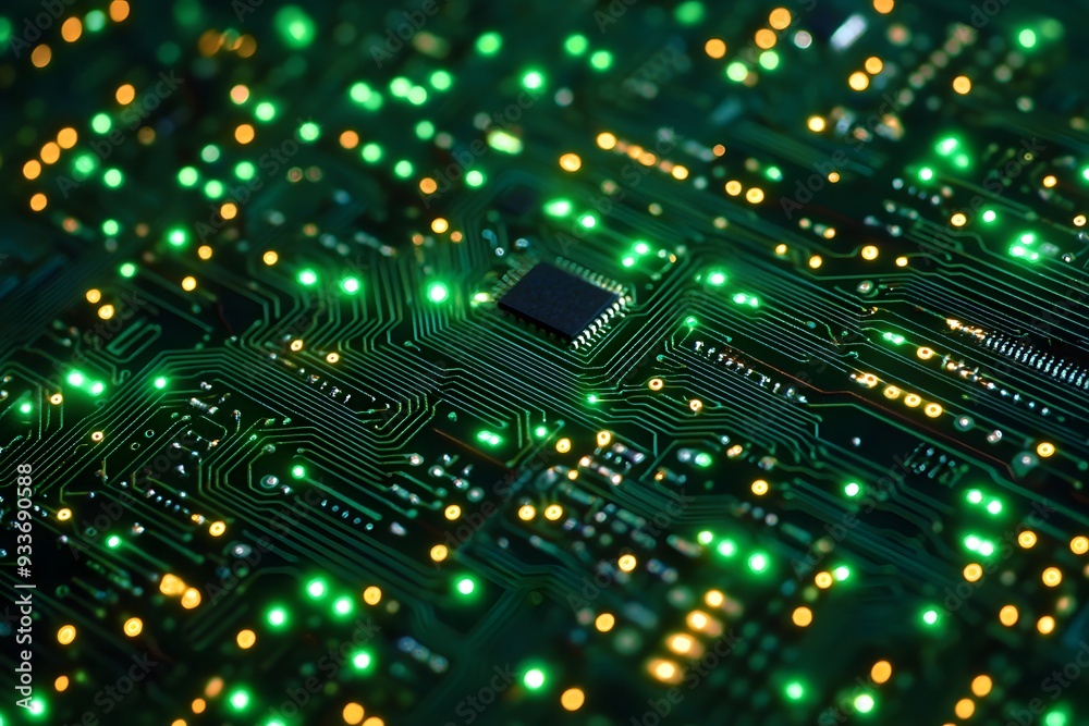 Green circuit board with intricate electronic components, perfect for technology-themed background Green circuit board with intricate electronic components, perfect for technology-themed background