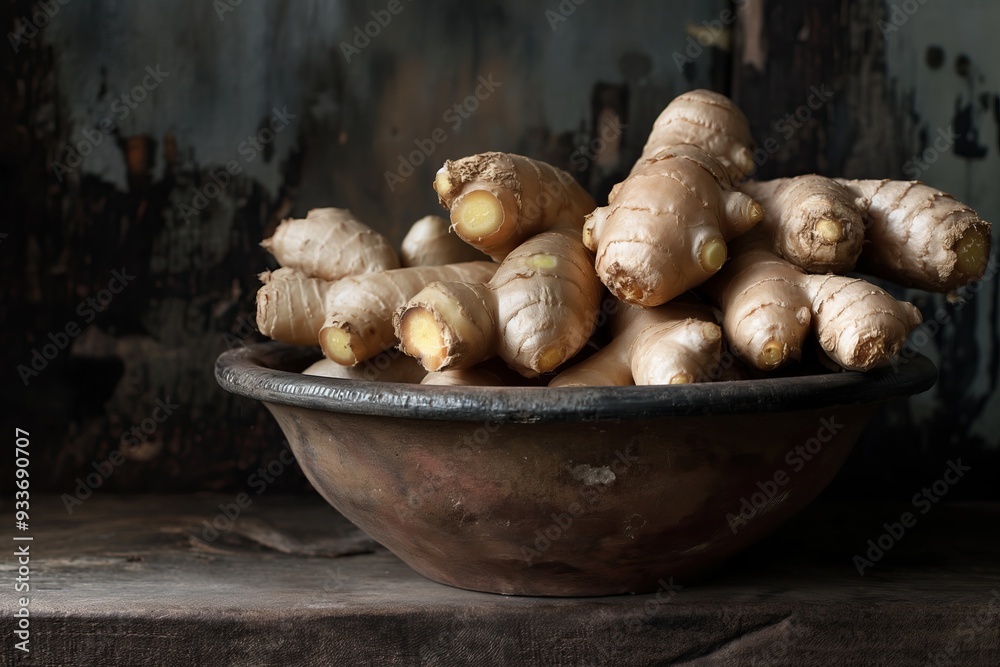 Ginger root in a bowl on wooden table. Dark rustic style. Ginger root in a bowl on wooden table. Dark rustic style.
