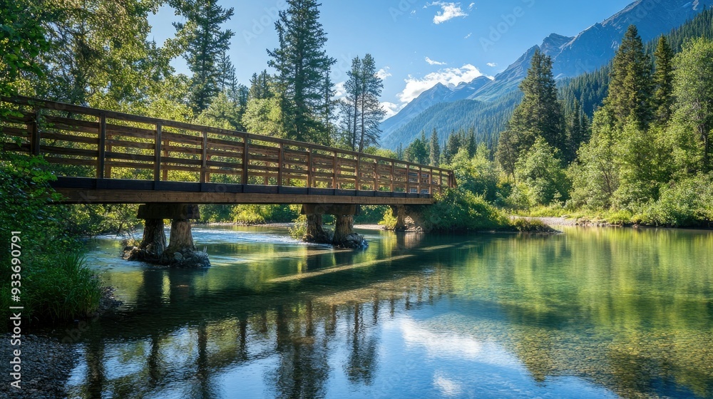 A wooden bridge crossing the Kanas River, surrounded by lush green forests and mountains, with the river reflecting the clear sky. A wooden bridge crossing the Kanas River, surrounded by lush green forests and mountains, with the river reflecting the clear sky.